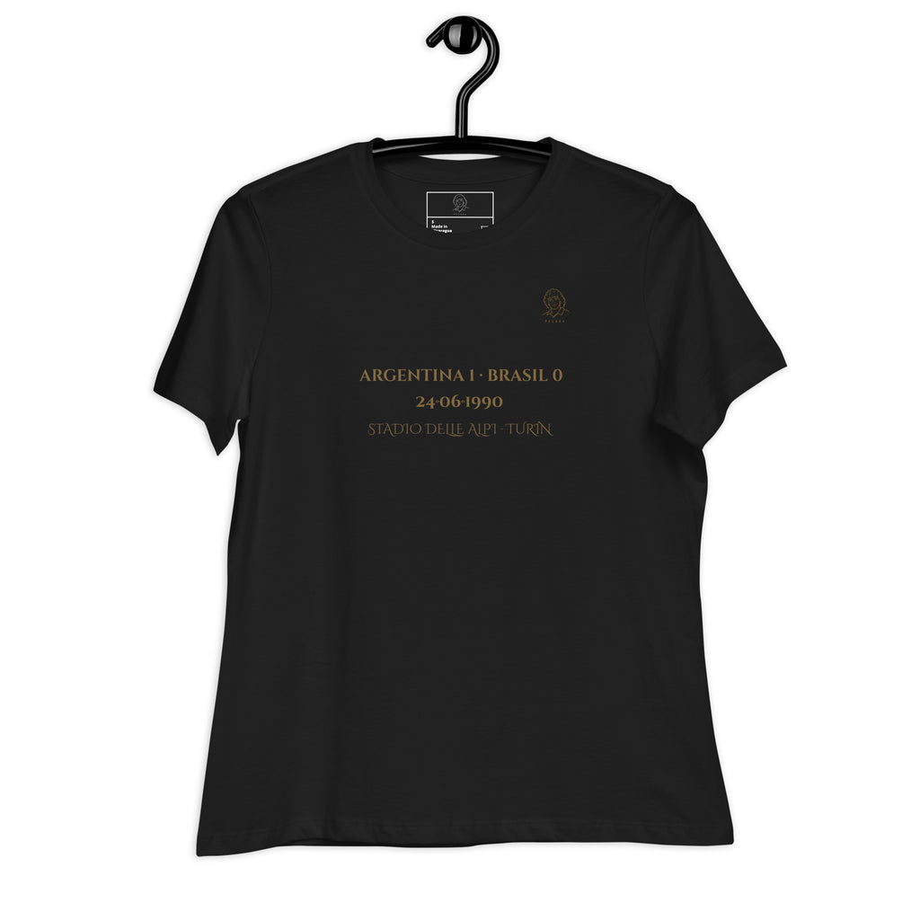 Camiseta negra con diseño La Magia de Diego Italia 1990, frontal mujer