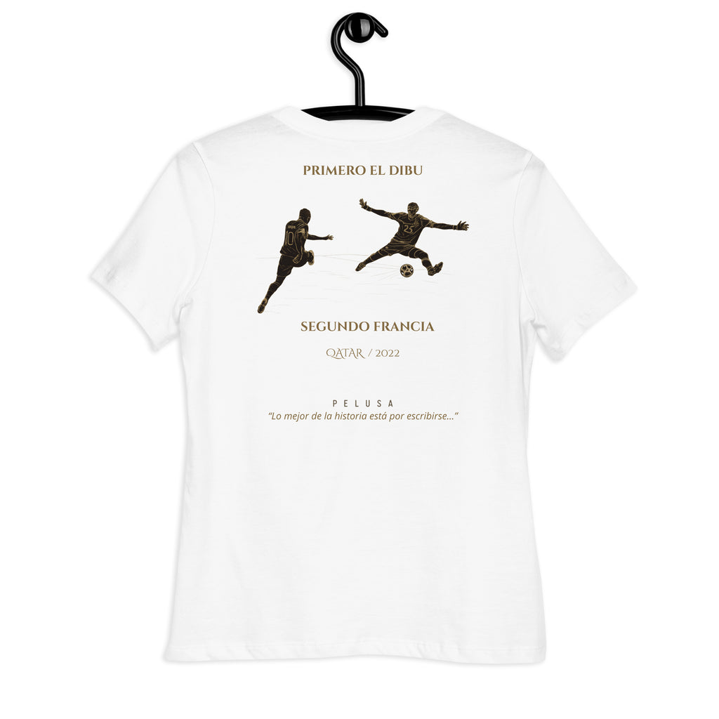 Camiseta mujer blanca Argentina Qatar 2022 con diseño conmemorativo de la final del Mundial, trasera