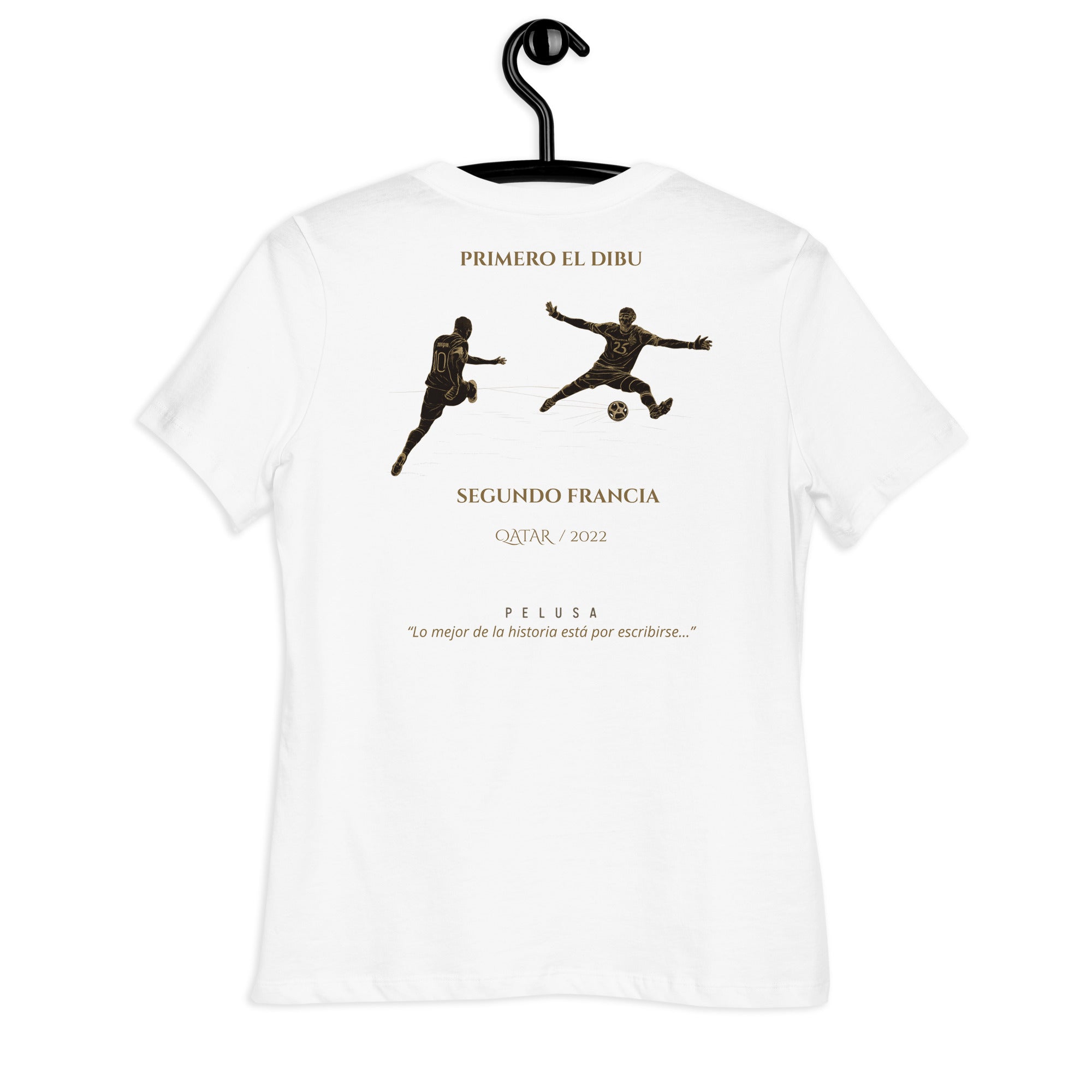 Camiseta mujer blanca Argentina Qatar 2022 con diseño conmemorativo de la final del Mundial, trasera