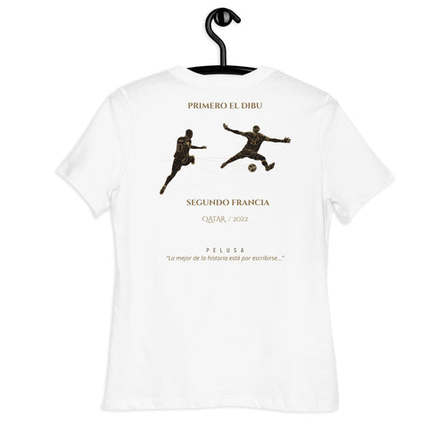 Camiseta mujer blanca Argentina Qatar 2022 con diseño conmemorativo de la final del Mundial, trasera