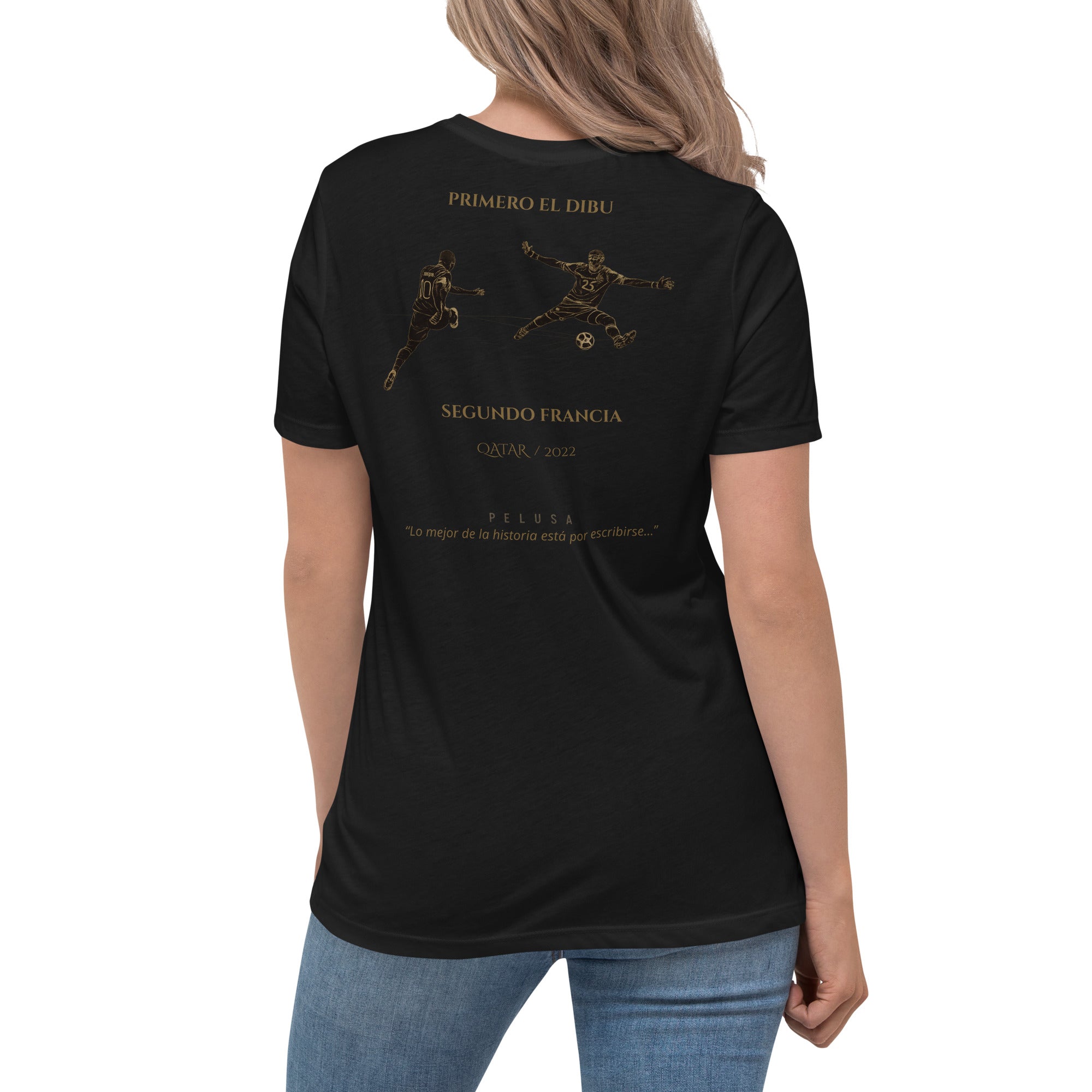 Camiseta mujer negra inspirada en la final del Mundial Qatar 2022, look espalda