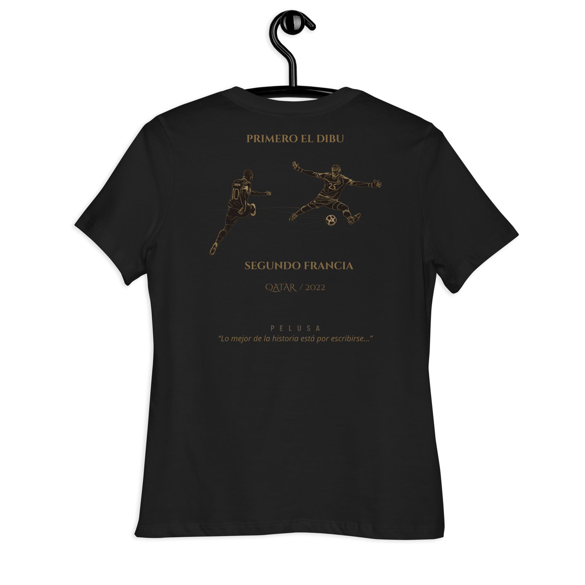 Camiseta mujer negra inspirada en la final del Mundial Qatar 2022, espalda 
