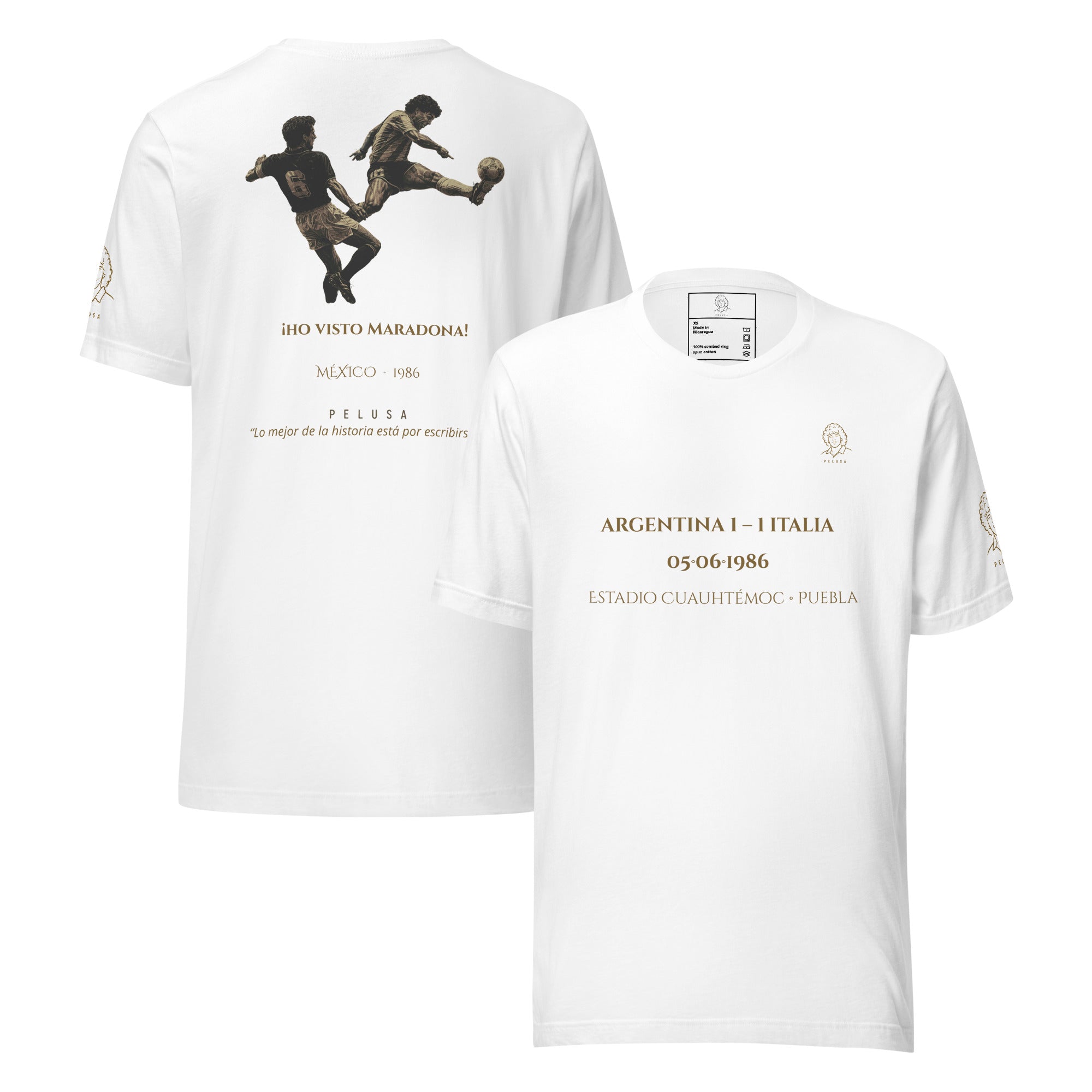 Camiseta blanca inspirada en México 1986, con diseño He Visto Maradona en la espalda y marcador Argentina 1 - Italia 1 en el frontal.