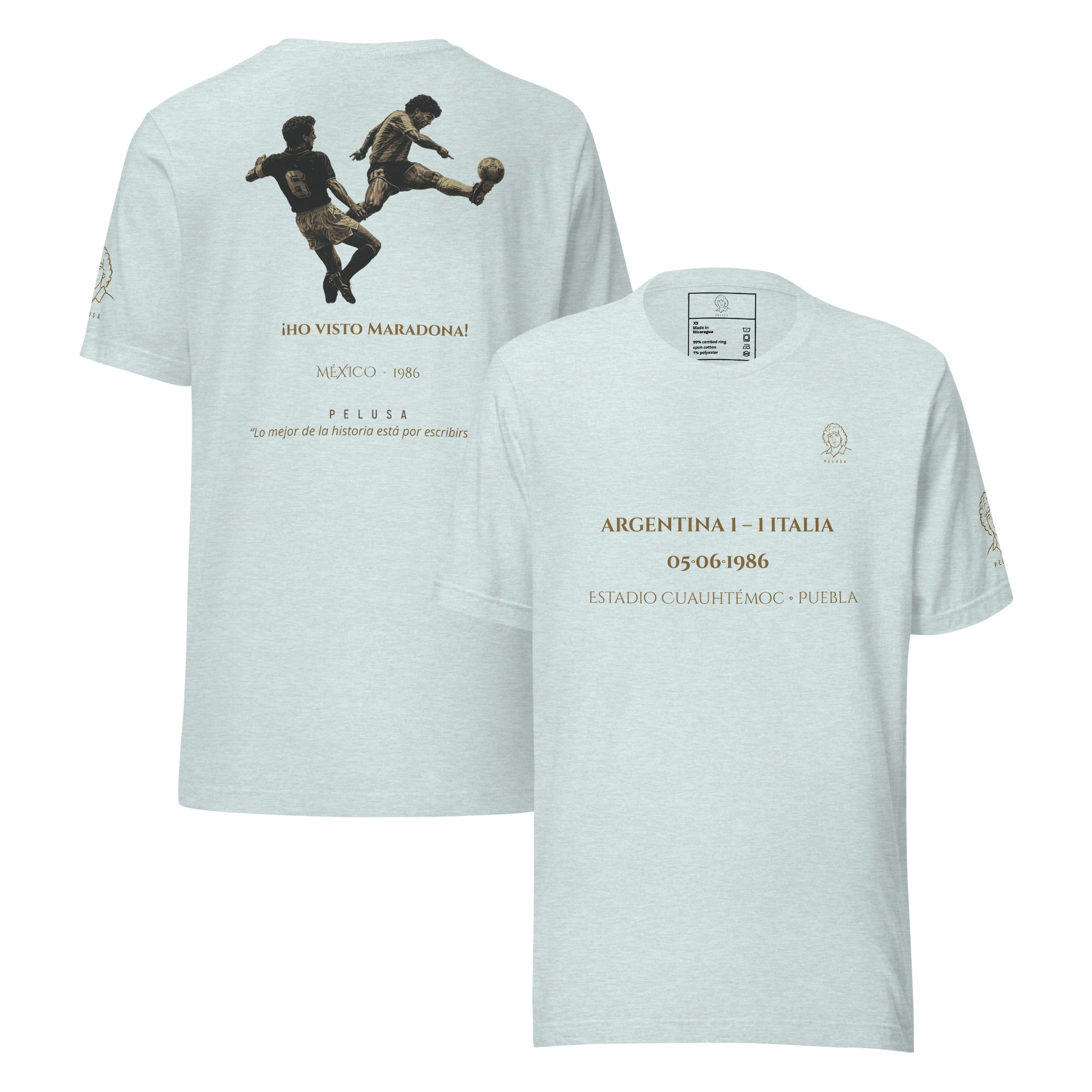 Camiseta celeste  inspirada en México 1986, con diseño He Visto Maradona en la espalda y marcador Argentina 1 - Italia 1 en el frontal.