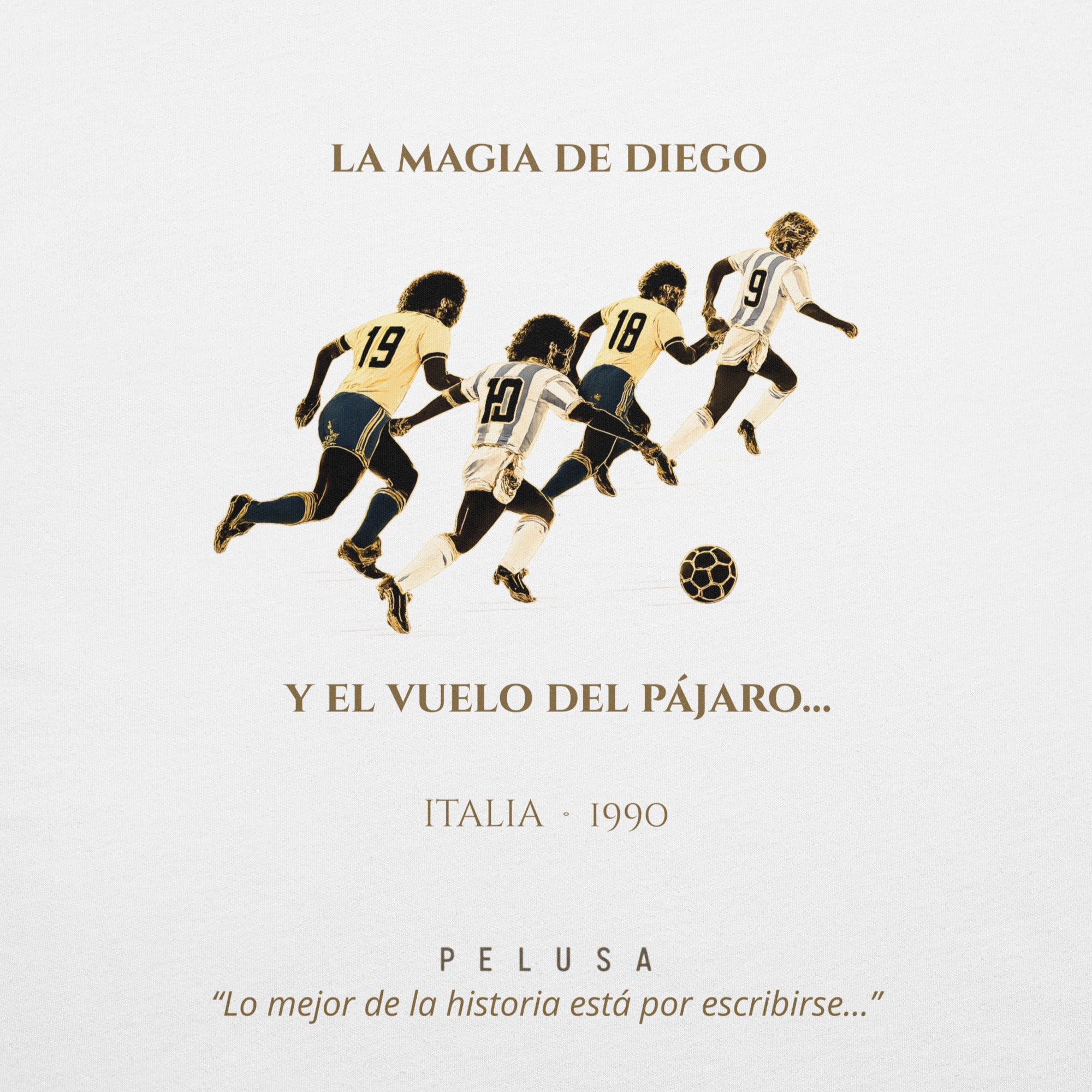 Camiseta blanca con diseño La Magia de Diego y El Vuelo del Pájaro en la espalda, ilustración