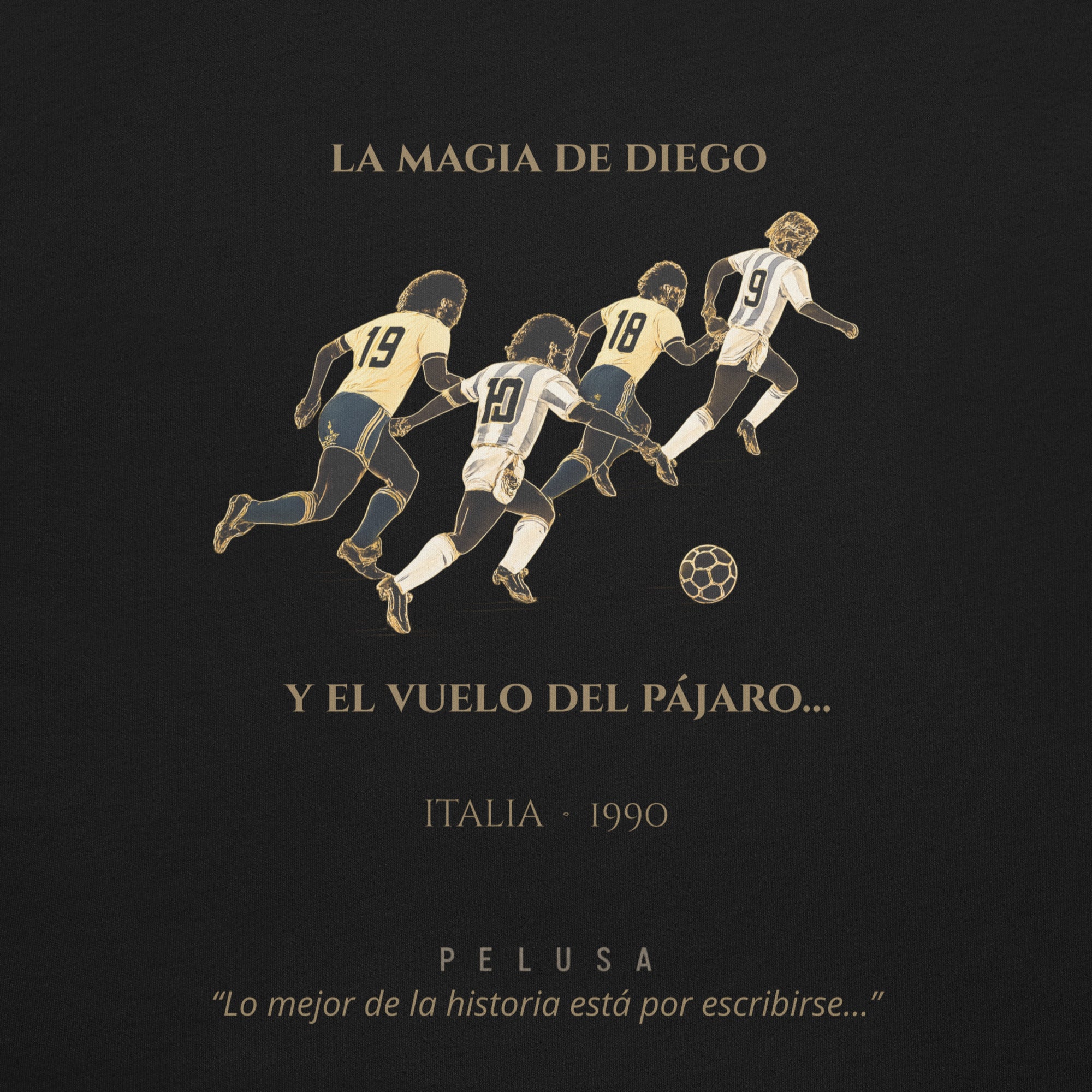 Camiseta azul claro con diseño La Magia de Diego y El Vuelo del Pájaro en la espalda, ilustración negra