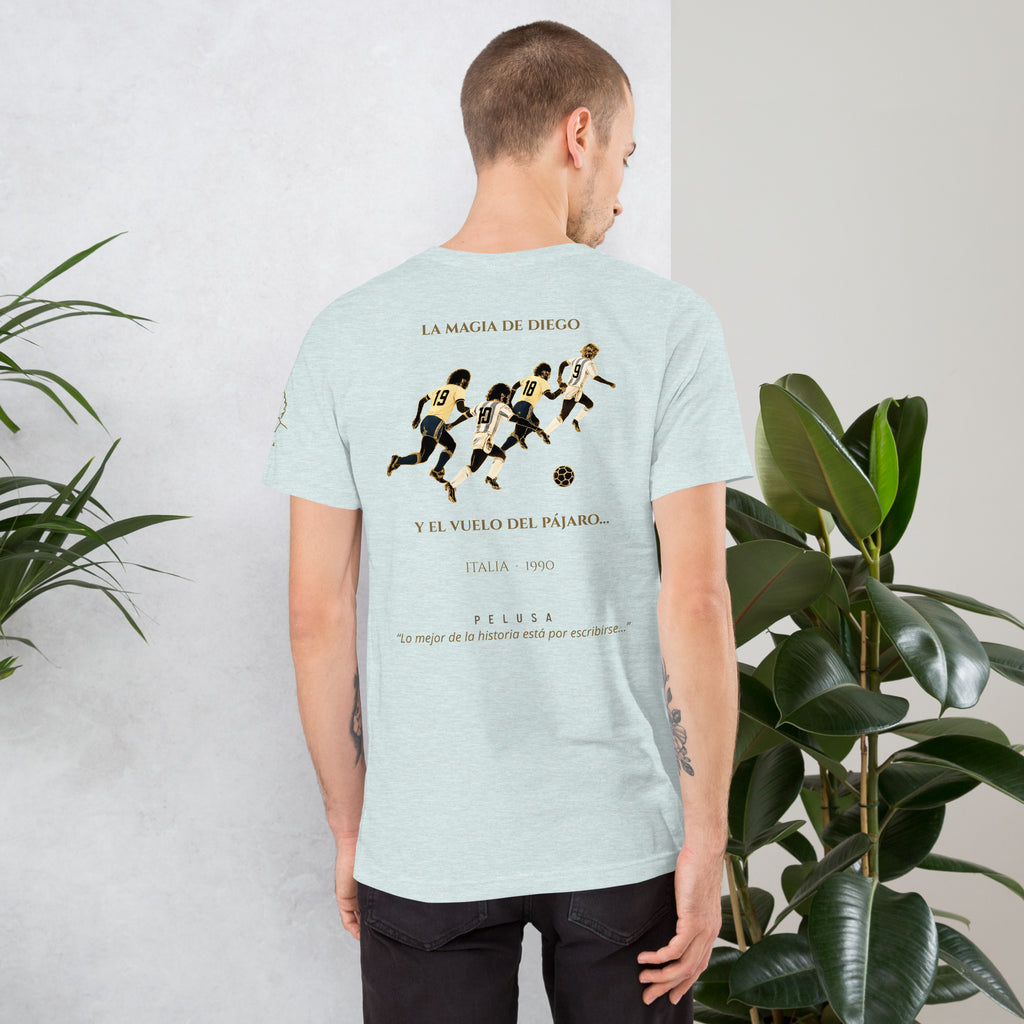 Camiseta azul claro inspirada en Argentina vs Brasil de Italia 1990, look trasero hombre
