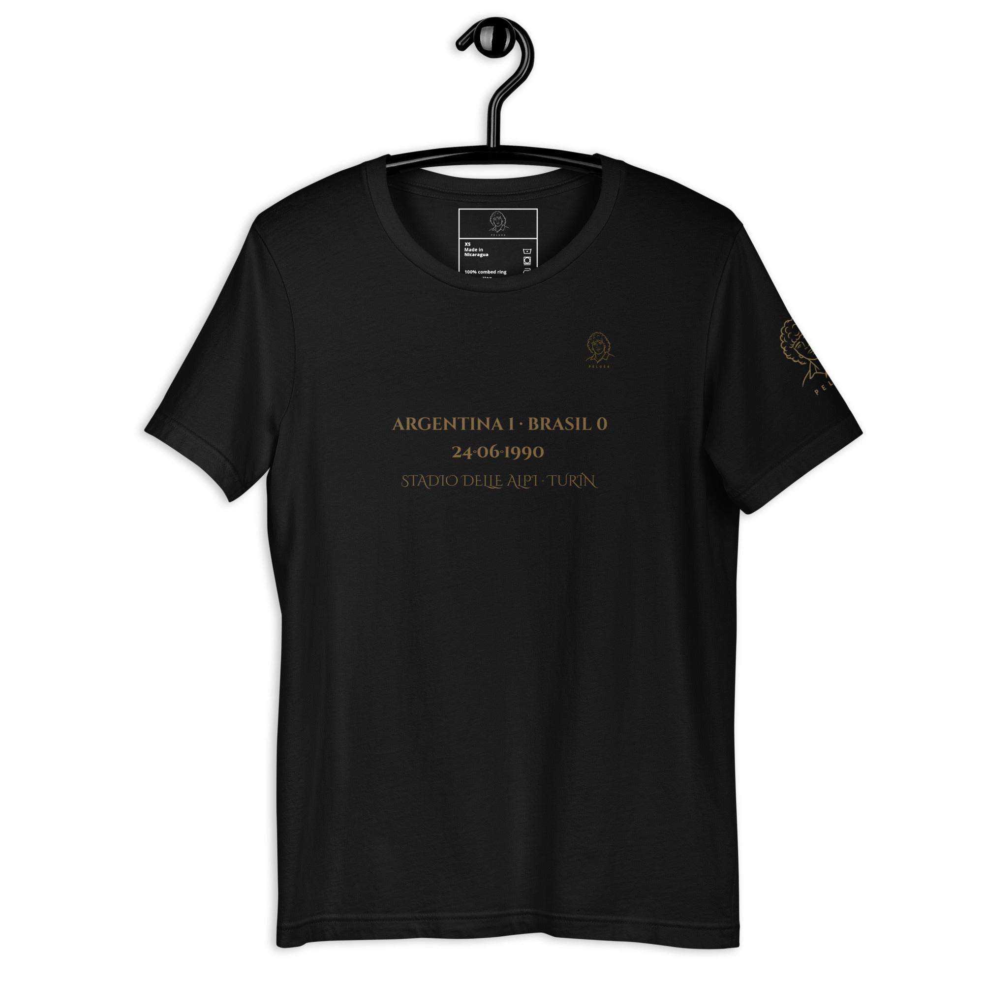 Camiseta negra inspirada en Argentina vs Brasil de Italia 1990, frontal