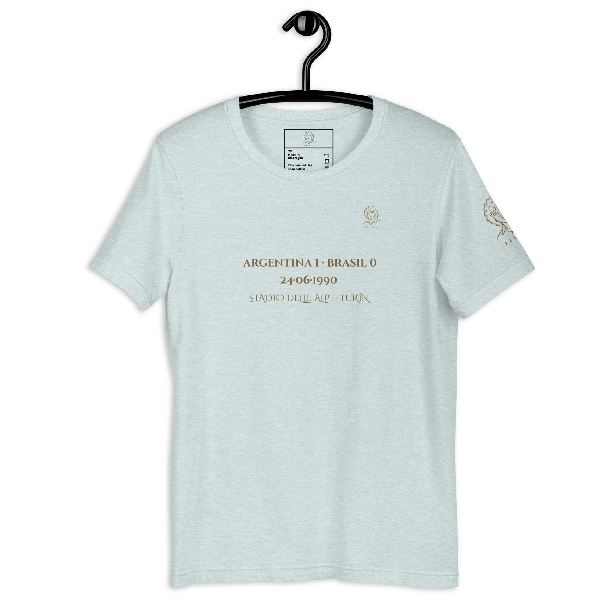 Camiseta azul claro inspirada en Argentina vs Brasil de Italia 1990, frontal