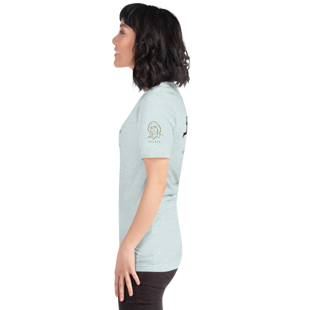 Camiseta azul claro inspirada en Argentina vs Brasil de Italia 1990, look lateral mujer