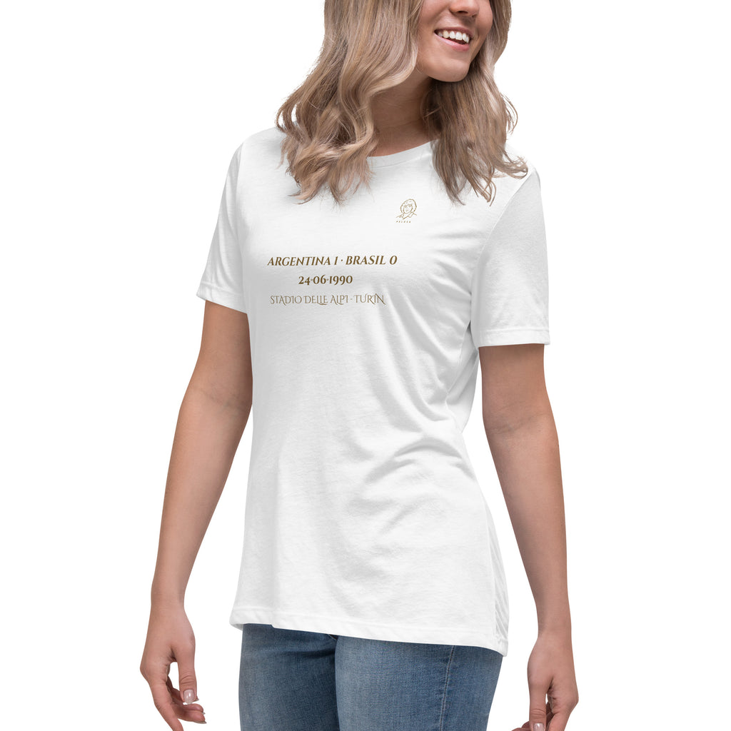 Camiseta blanca con diseño La Magia de Diego Italia 1990 frontal mujer