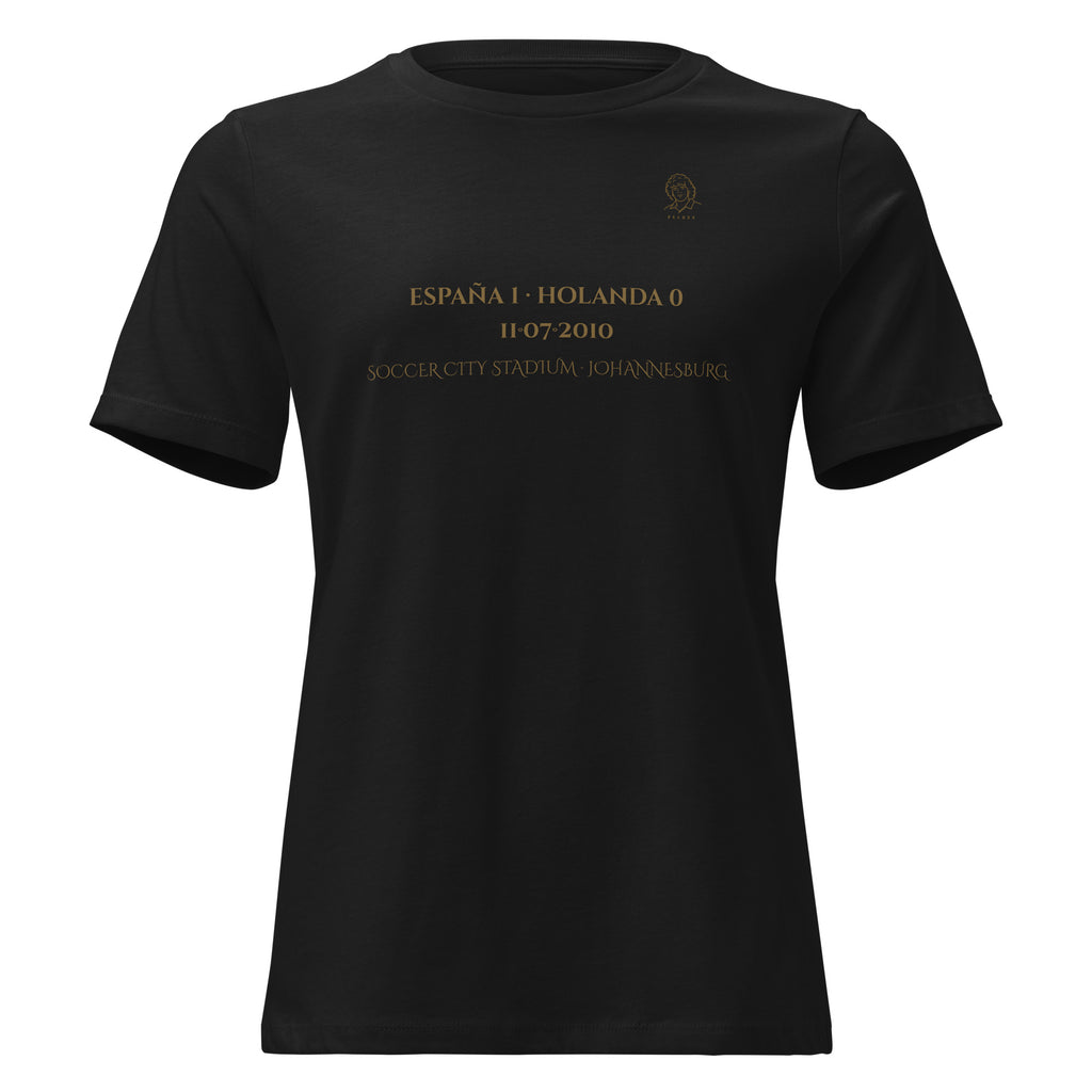 Camiseta mujer negra España Sudáfrica 2010 con diseño conmemorativo de la final del Mundial, frontal 