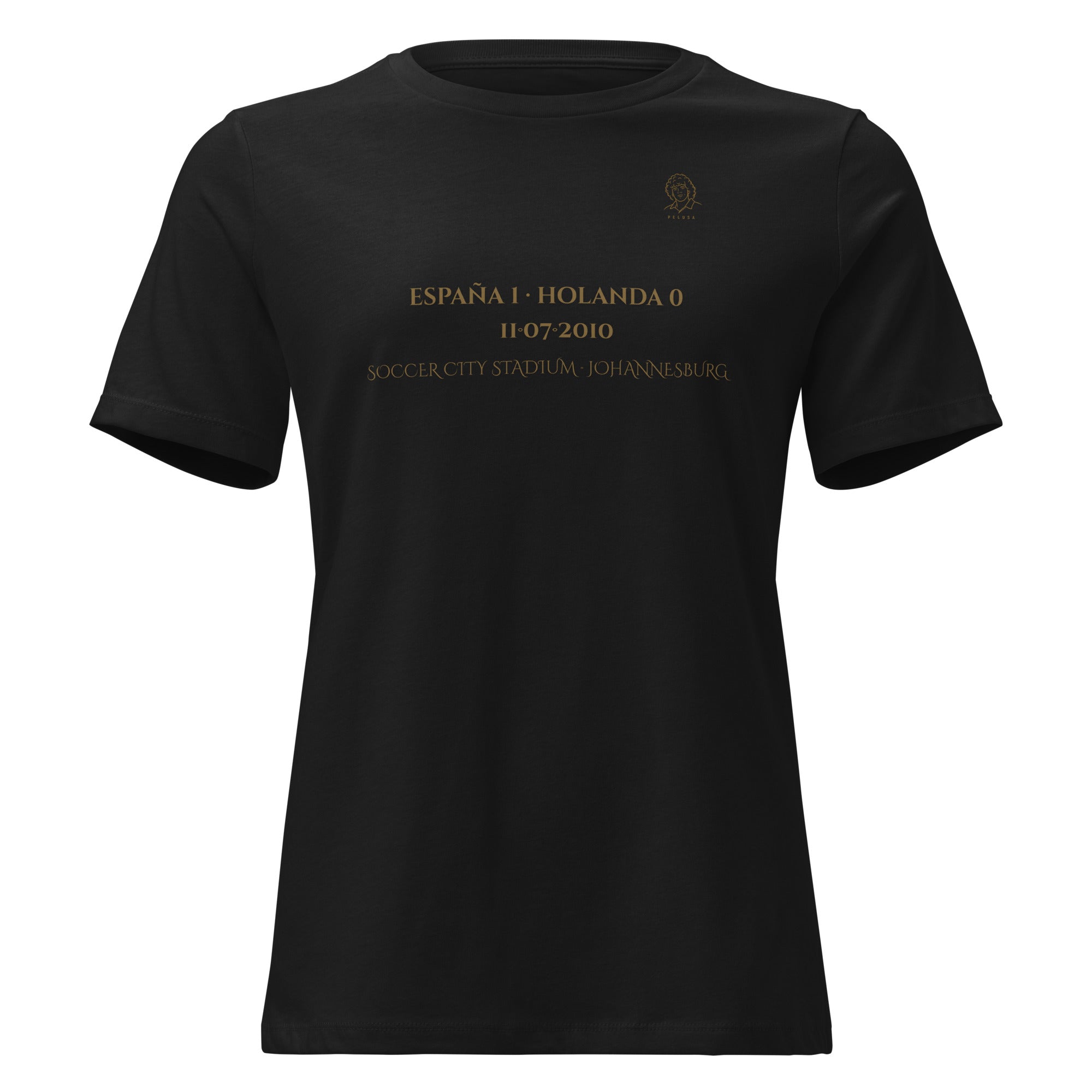 Camiseta mujer negra España Sudáfrica 2010 con diseño conmemorativo de la final del Mundial, frontal 