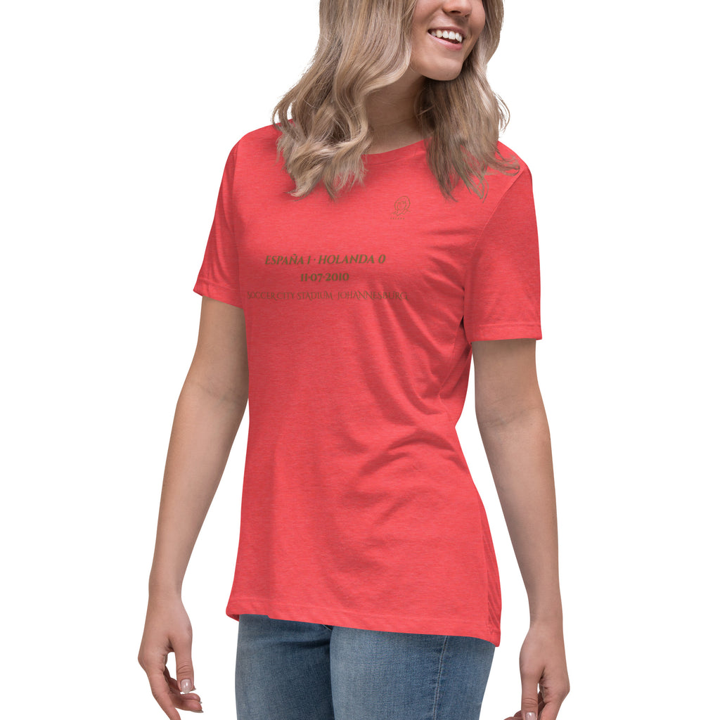 Camiseta mujer roja España Sudáfrica 2010 con diseño conmemorativo de la final del Mundial, look lateral