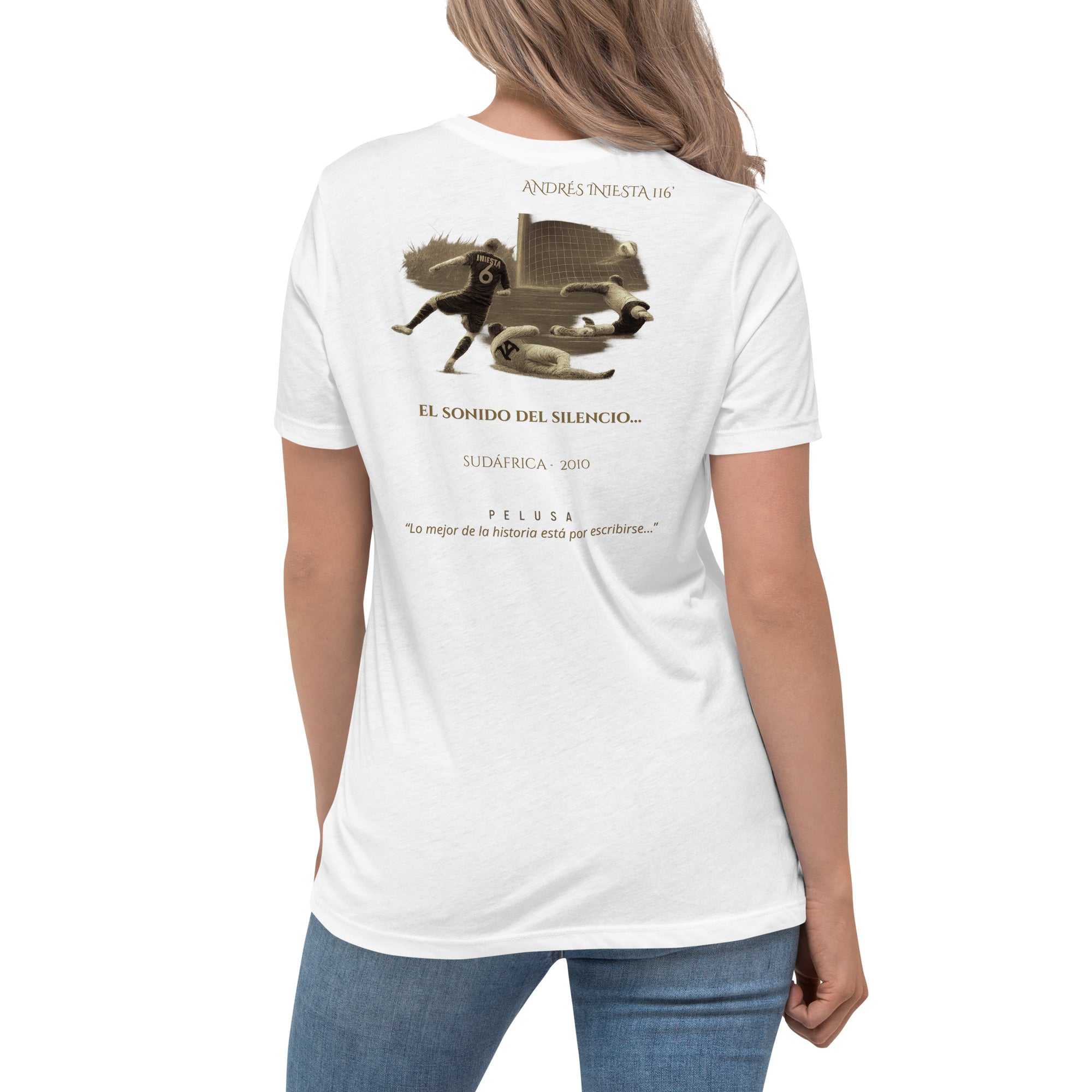 Camiseta mujer blanca España Sudáfrica 2010 con diseño conmemorativo de la final del Mundial, look trasera