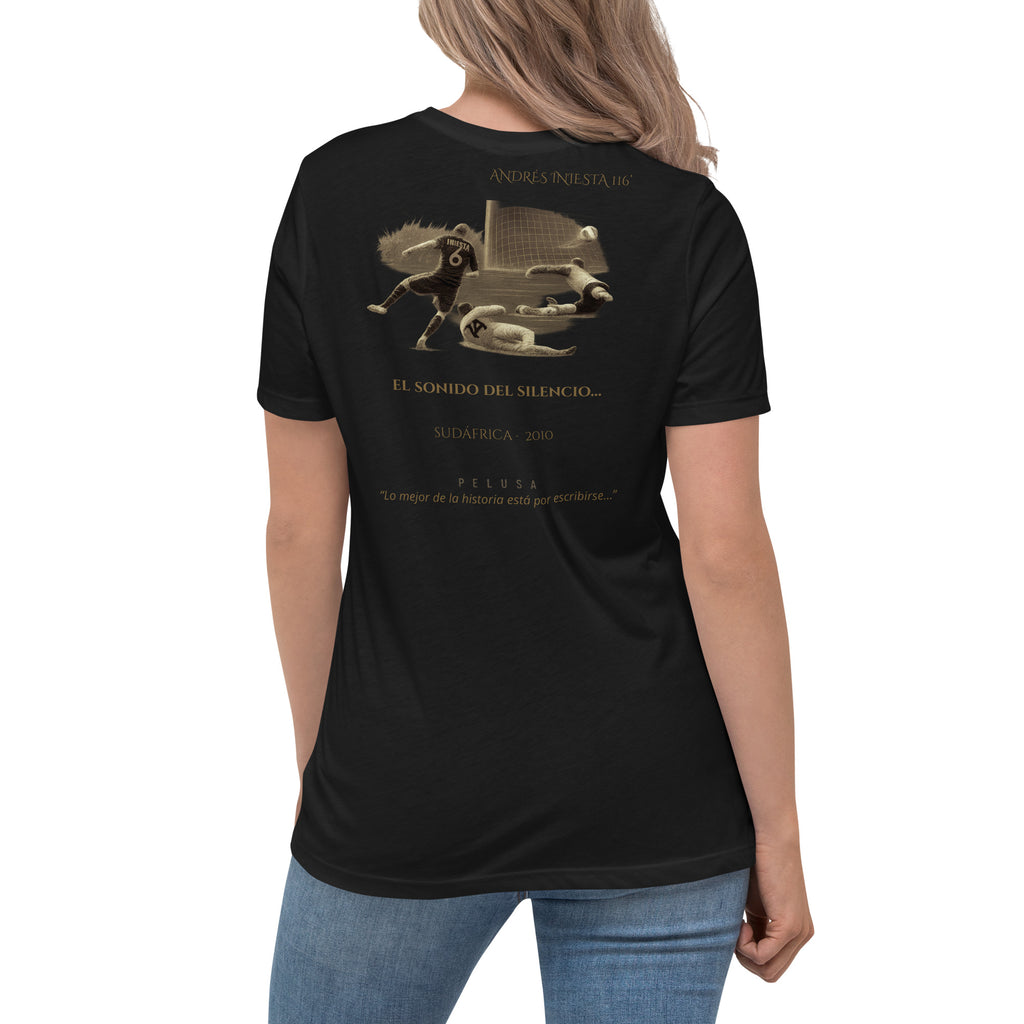 Camiseta mujer negra España Sudáfrica 2010 con diseño conmemorativo de la final del Mundial, look trasera