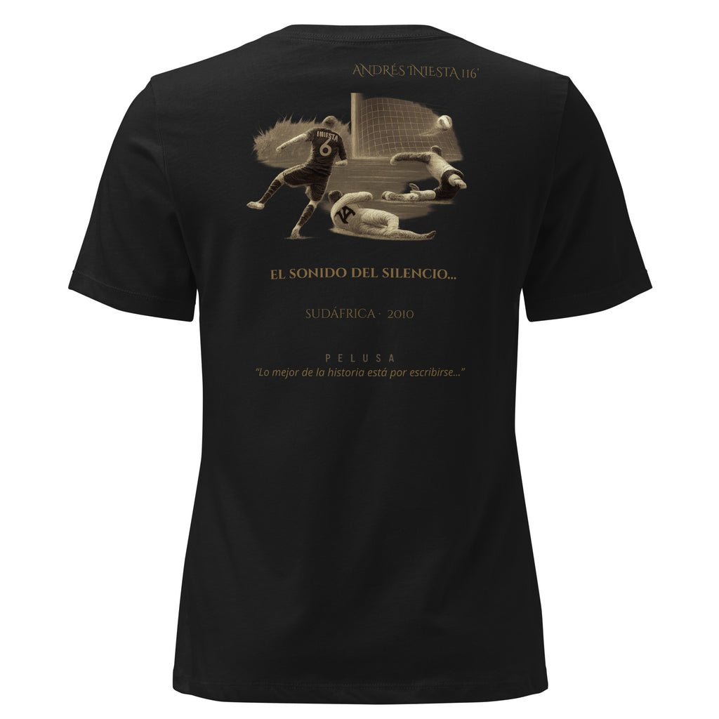 Camiseta mujer negra España Sudáfrica 2010 con diseño conmemorativo de la final del Mundial, trasera.