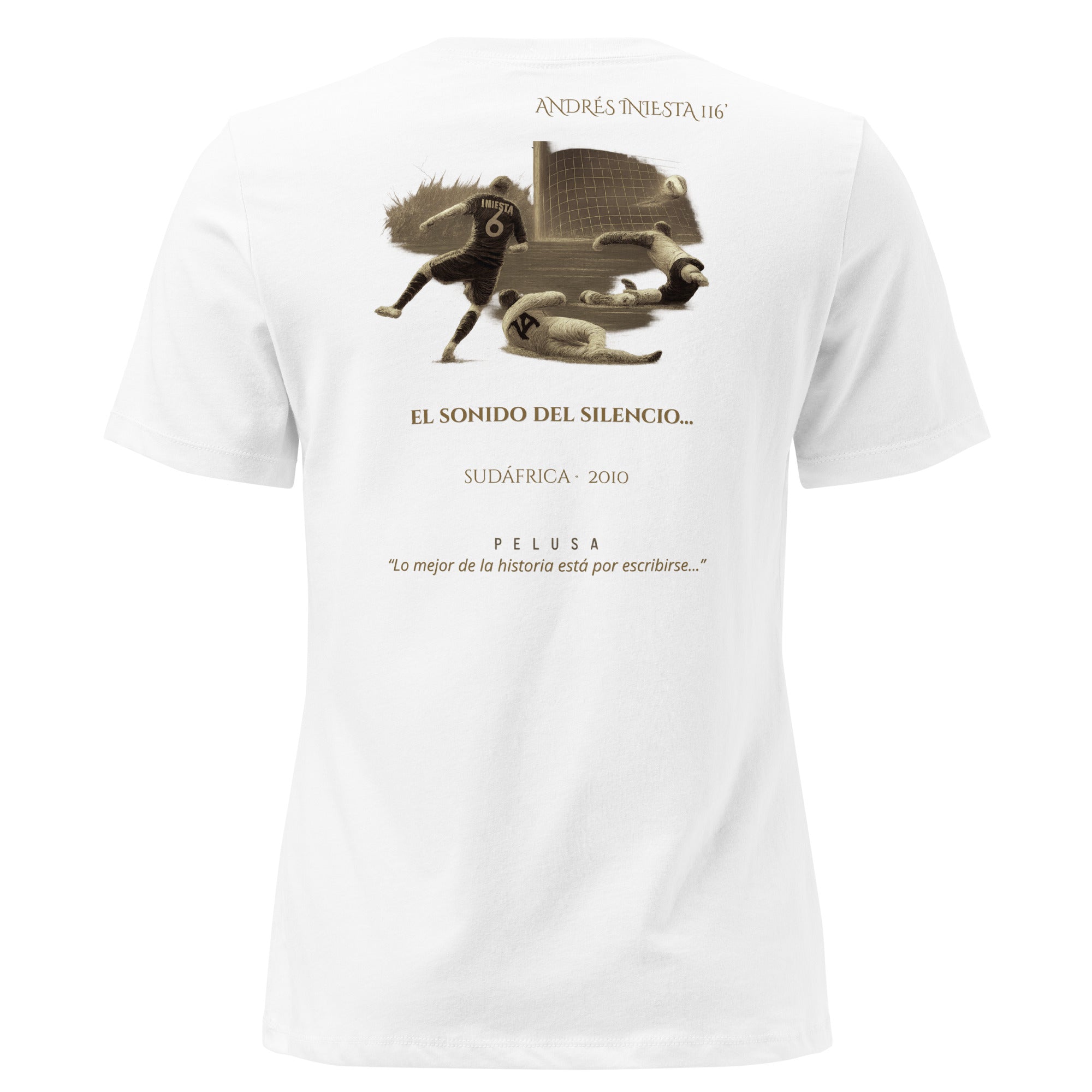 Camiseta mujer blanca España Sudáfrica 2010 con diseño conmemorativo de la final del Mundial, blanca trasera