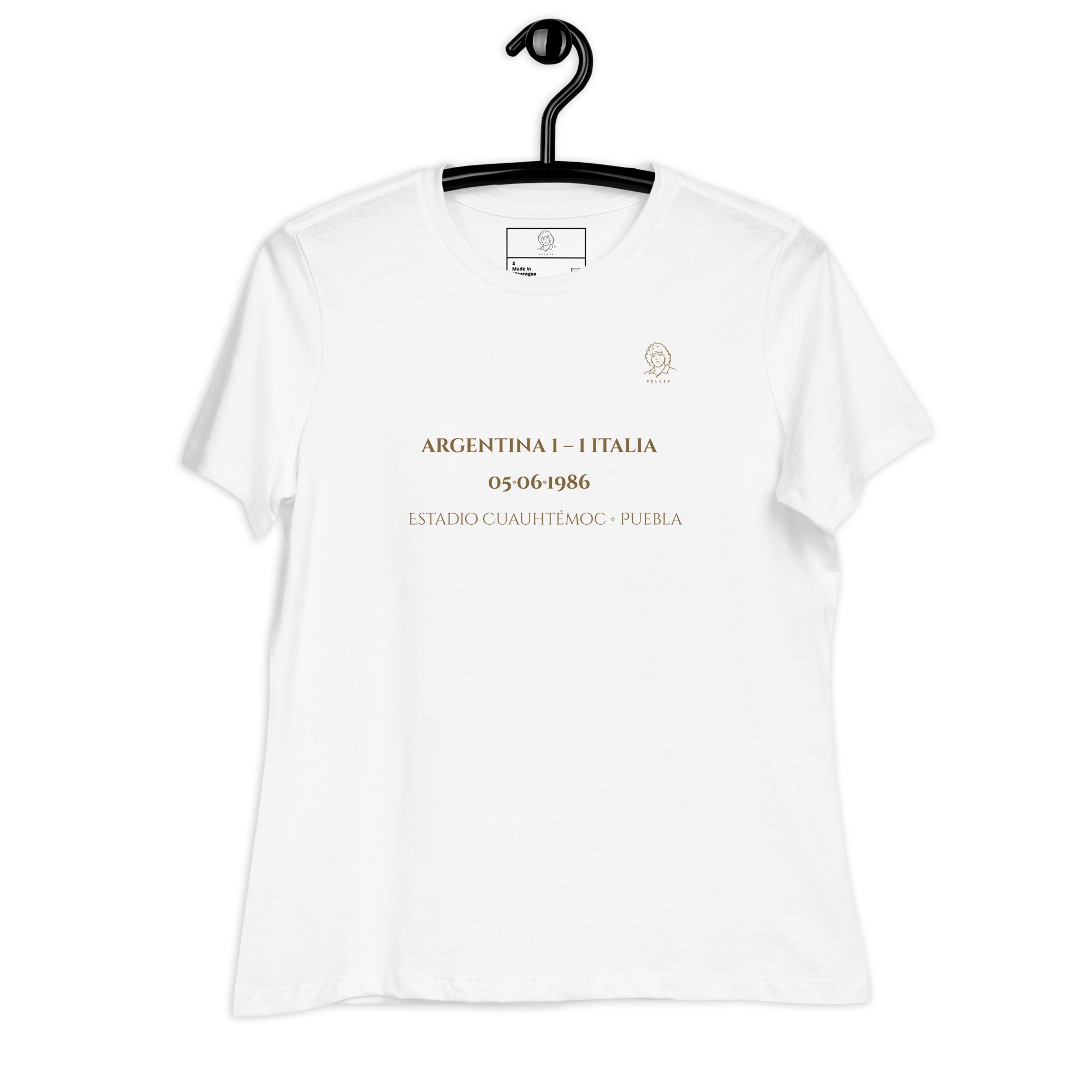 Camiseta mujer blanca con diseño He Visto Maradona en la espalda, frontal