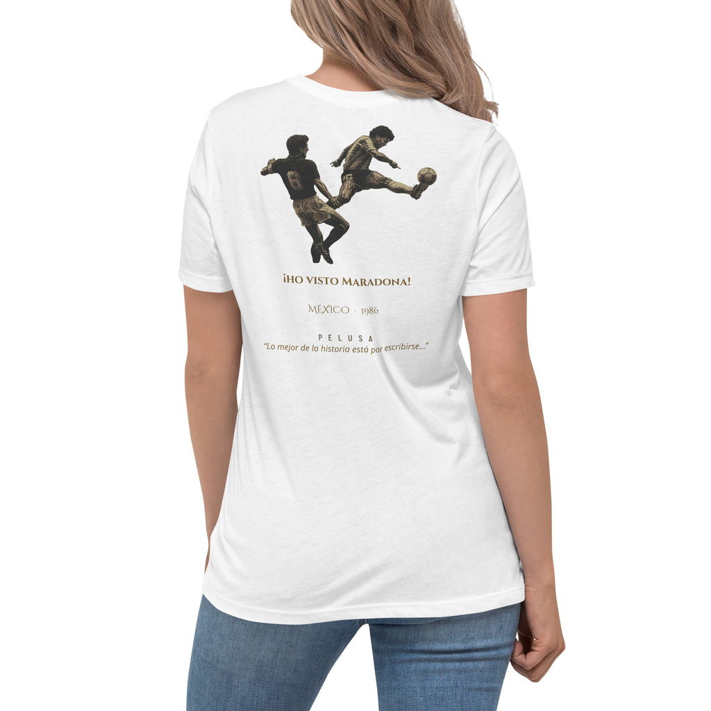 Camiseta mujer blanca con diseño He Visto Maradona en la espalda, look trasero