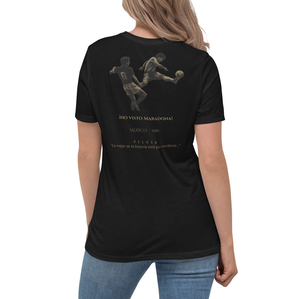 Camiseta mujer negra con diseño He Visto Maradona en la espalda, look mujer