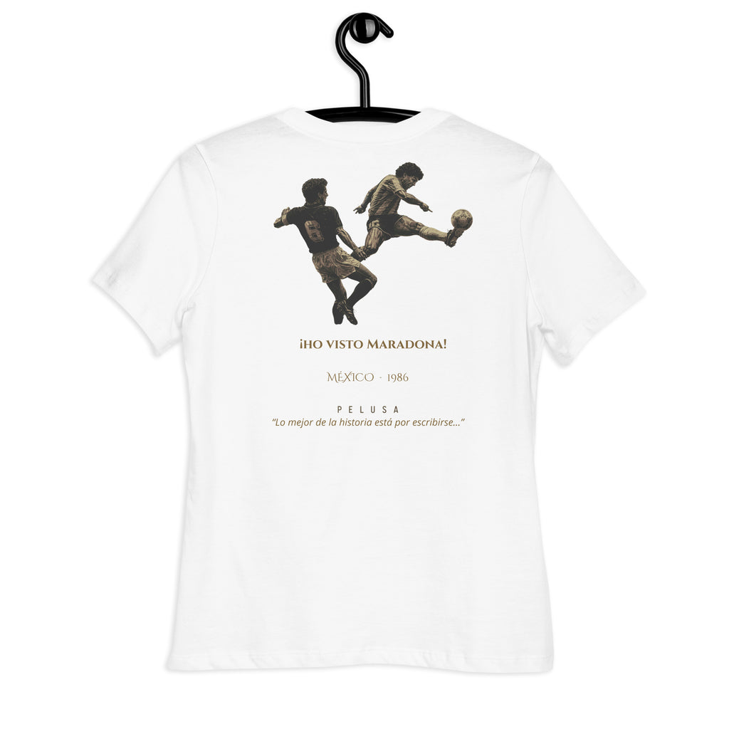 Camiseta mujer blanca con diseño He Visto Maradona en la espalda, trasera